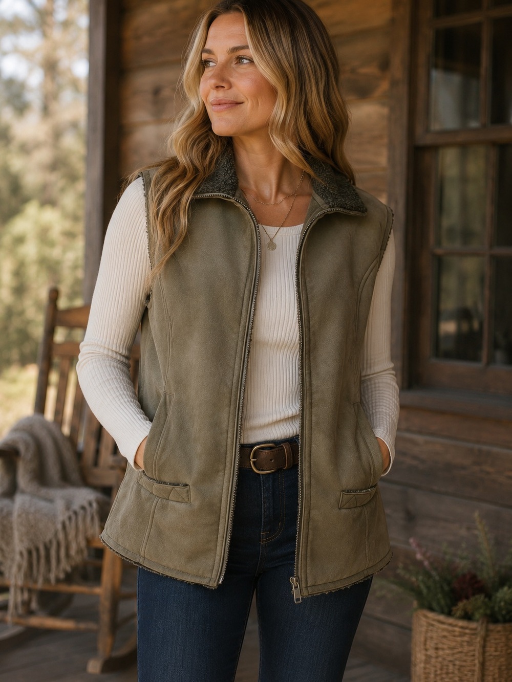 Woolrich Women’s XL Faux Suede Sherpa Lined Vest Khaki Western
